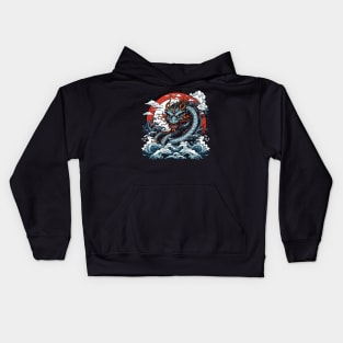 Dragon against the backdrop of a setting sun bathed in ocean waves Kids Hoodie